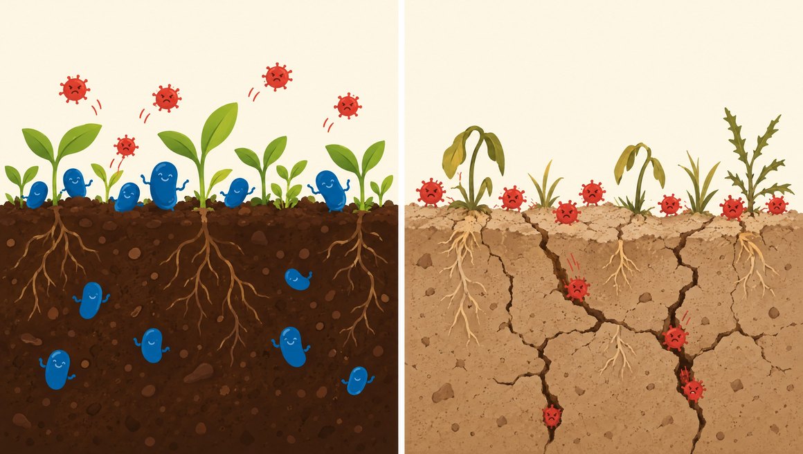 Healthy gut lining with good bacteria next to a worn gut lining with bad bacteria and toxins